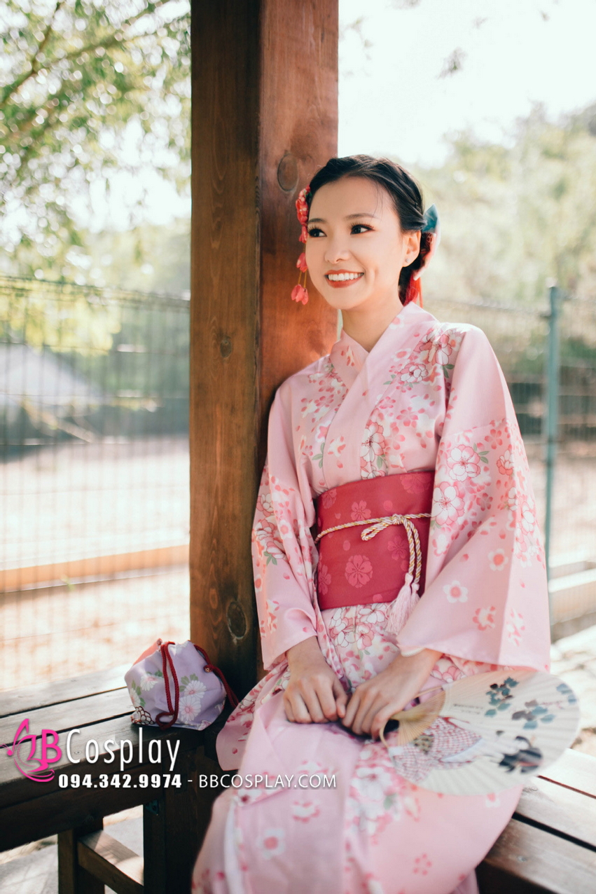 Yukata Nhật Bản Hoa Đào Nền Hồng