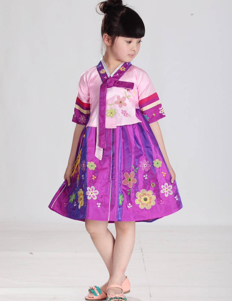 Hanbok Trẻ Em Cách Tân Mẫu Váy Ngắn Áo Tím Váy Tím