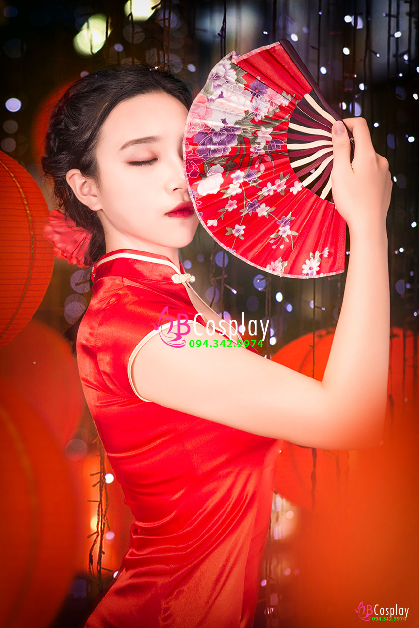 Sườn Xám Đỏ Phi Lụa