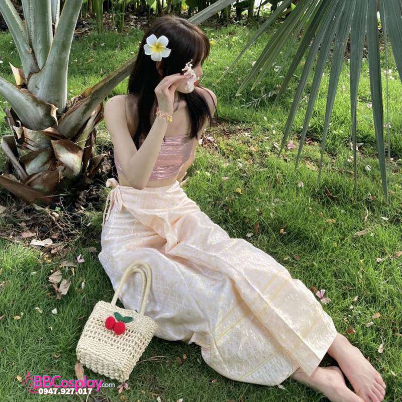 Trang Phục Thái Lan Sexy Áo Hồng - Váy Trắng Kem