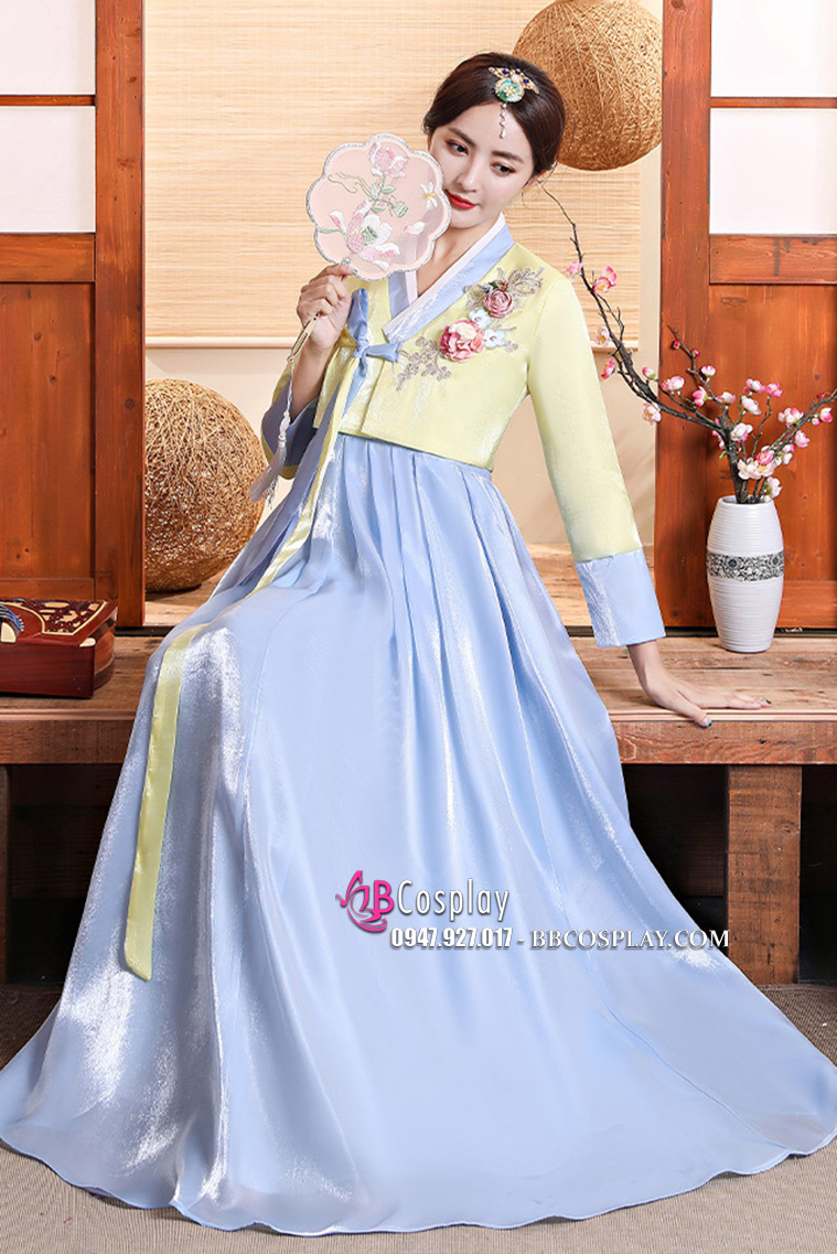 Hanbok Truyền Thống Hàn Quốc Rũ Váy Xanh Áo Vàng Chanh Mẫu Mới