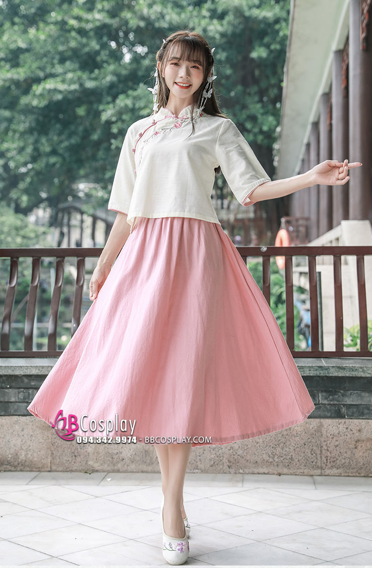 Nữ Sinh Trung Hoa Áo Kem Váy Hồng Vải Đũi
