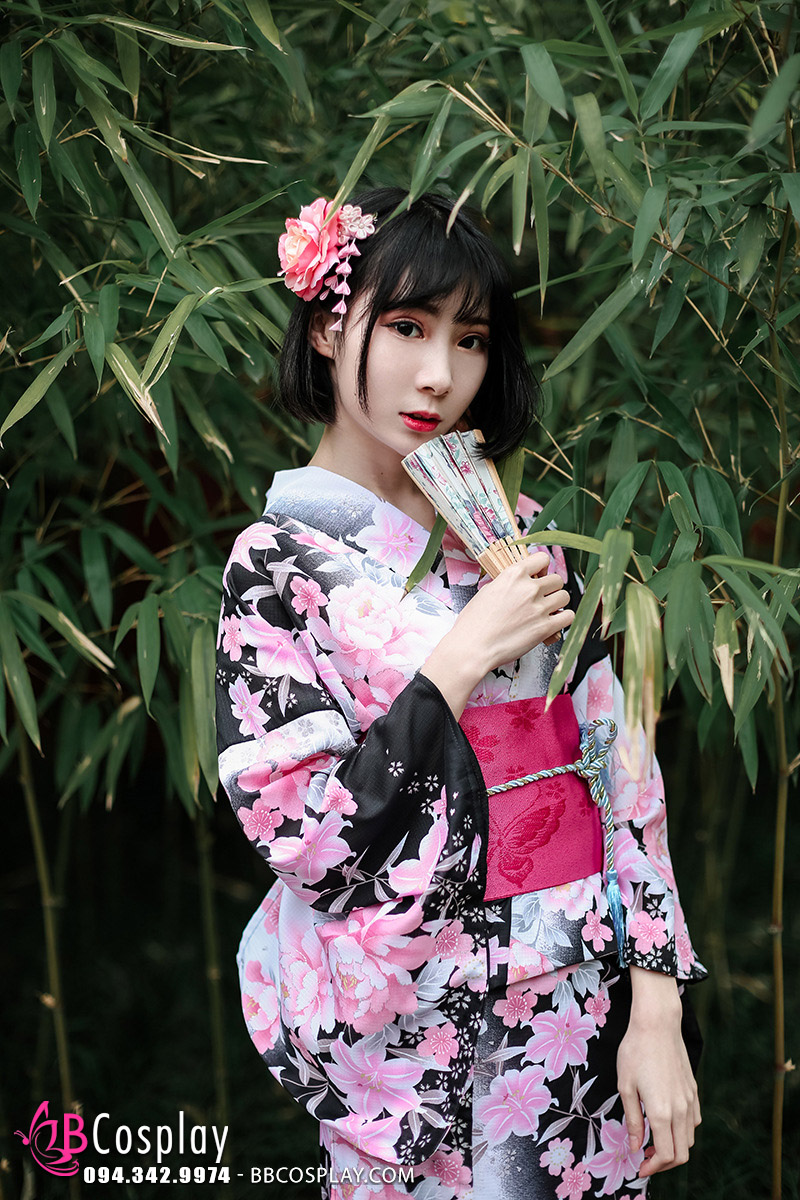 Yukata Đen Tím Hoa Hồng