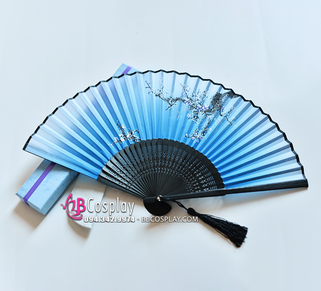 Uchiwa Quạt Vải Nhật Bản Mai Trắng Nền Xanh