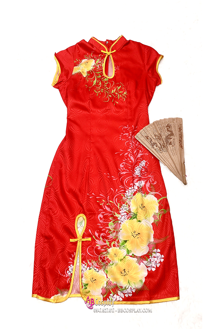 Sườn Xám Đỏ Gấm Thái Hoa Vàng Size M