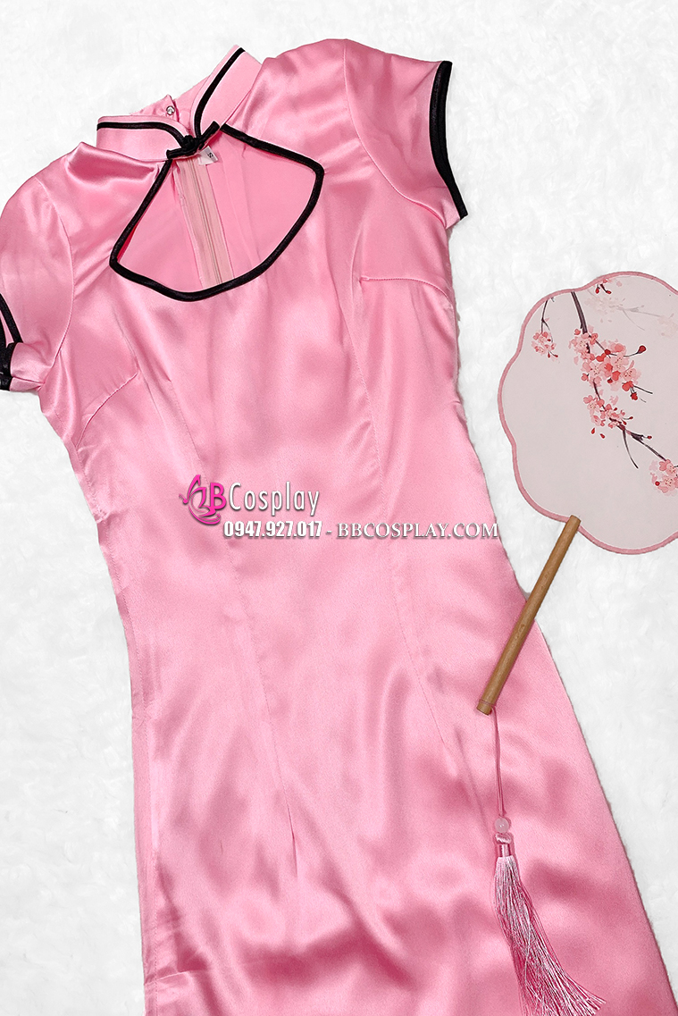 Sườn Xám Phi Lụa Hồng Dài Size S - L