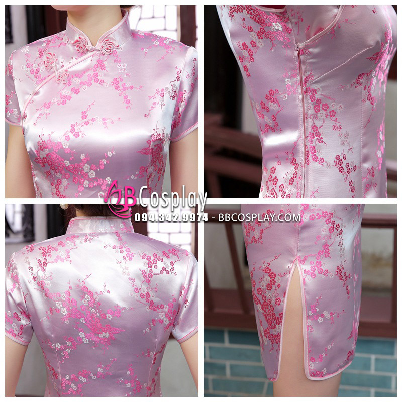 Sườn Xám Hồng Phấn Ngắn In Hoa