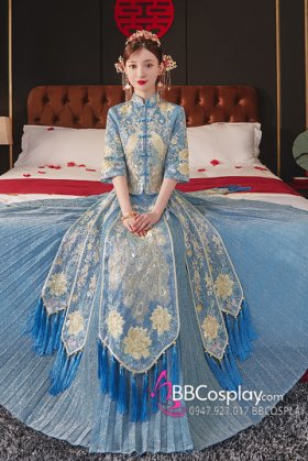 Hỉ Phục Tân Nương Tone Xanh Dương Cặp Long Phục Mới 2024