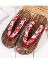 Guốc Gỗ Geta Bản Gỗ Nâu Đế Thấp Quai Đỏ Hoa