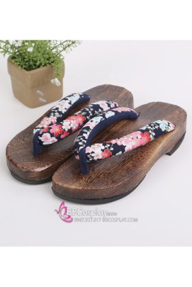 Guốc Gỗ Geta Bản Gỗ Nâu Đế Thấp Quai Đen Hoa