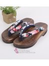 Guốc Gỗ Geta Bản Gỗ Nâu Đế Thấp Quai Đen Hoa