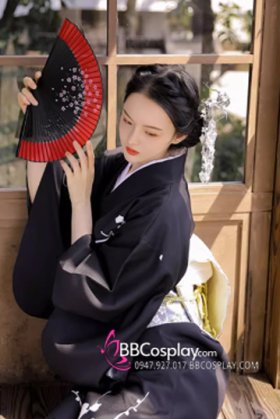 Quạt Xếp Uchiwa Vải Đỏ Cán Đen Loại Cao Cấp