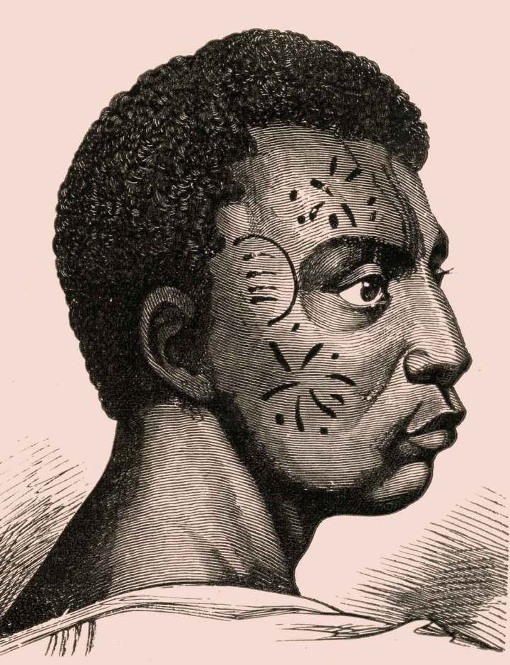 Hình minh họa một người đàn ông có hình xăm Bantu trên mặt