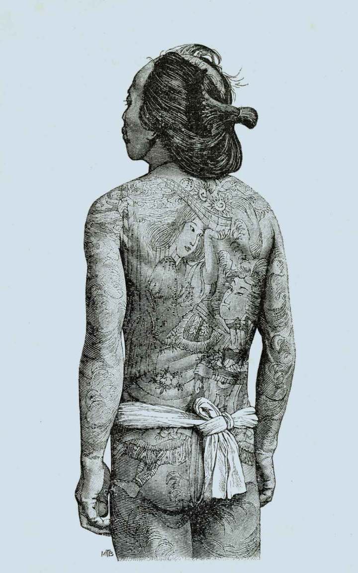 Minh họa về một người đàn ông Nhật Bản với hình xăm trên toàn bộ cơ thể