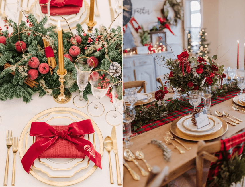 Trang trí bàn tiệc Noel lãng mạn cùng nến và hoa màu đỏ