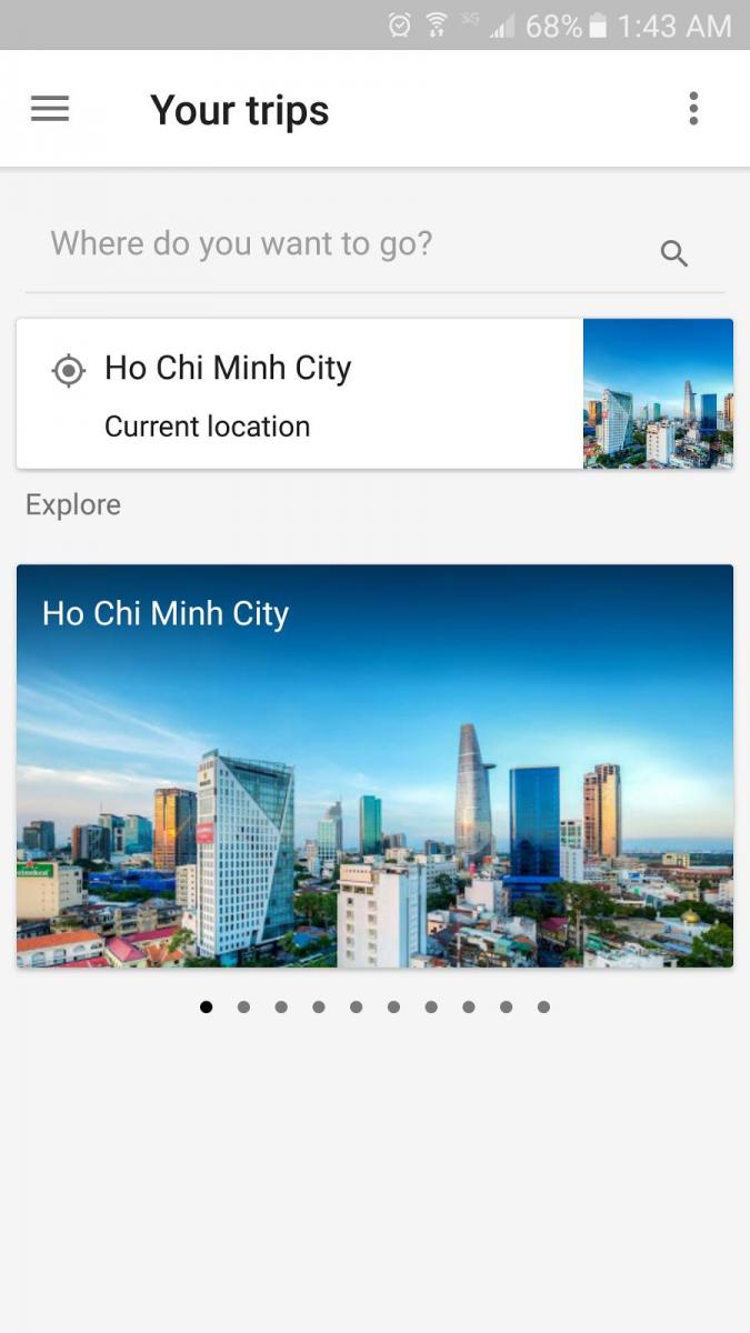 Giao diện trang chủ của ứng dụng Google Trips