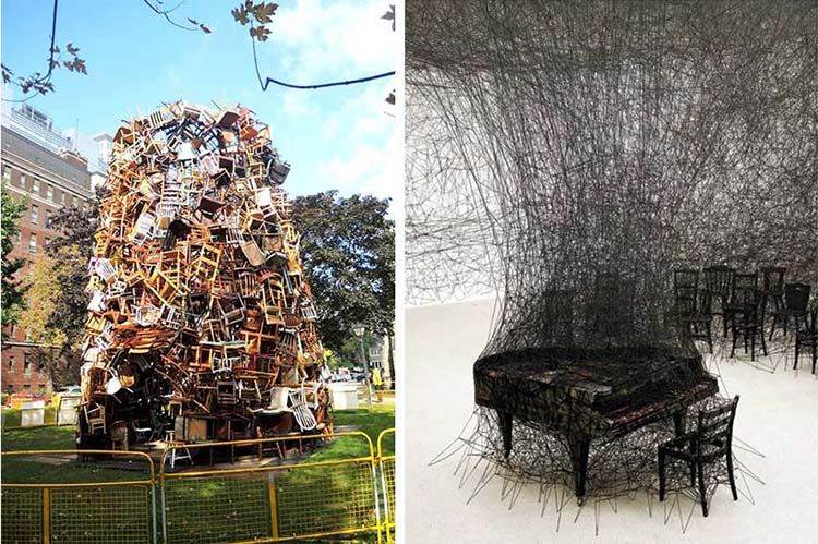 Trái: Tadashi Kawamata – Chairs / Phải: Chiharu Shiota – In Silence
