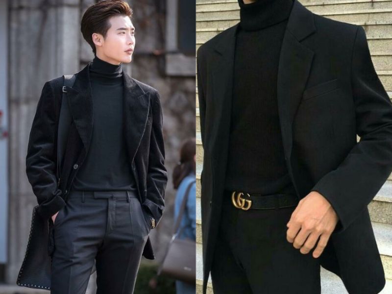 Phối áo khoác đen và áo len cổ lọ Hàn Quốc (ảnh: sưu tầm)