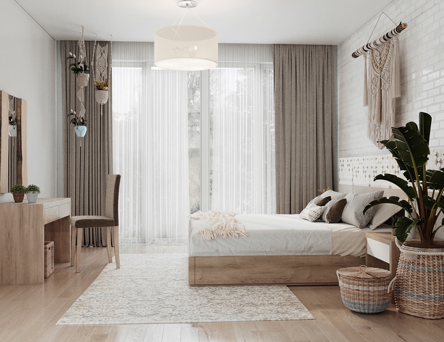 Mẫu thiết kế nội thất phòng ngủ phong cách bohemian với chất liệu gỗ chủ đạo