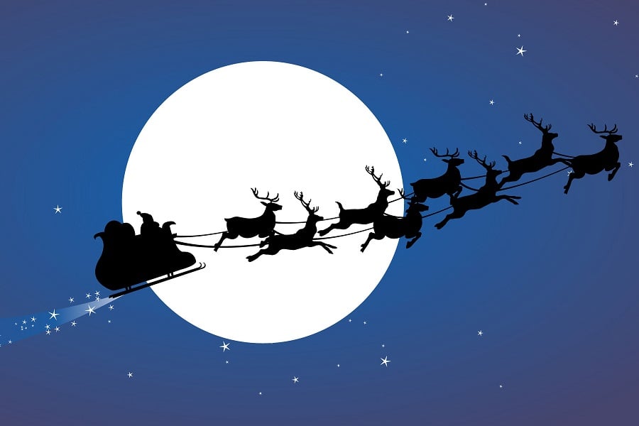 Ông già Noel cưỡi tuần lộc đơn giản trên nền trời đêm Giáng sinh