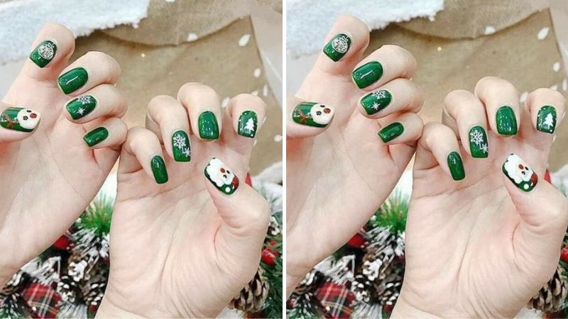 Nếu không thích những mẫu trên, bạn có thể thử mẫu nail Giáng sinh này cho đôi tay trắng sáng của bạn thêm nổi bật nhé.