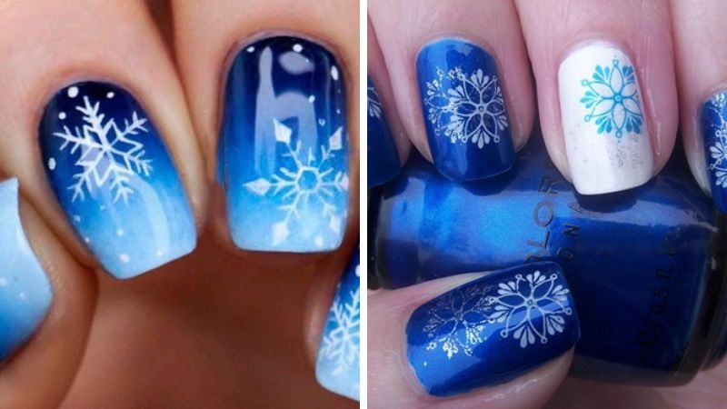 Lớp sơn móng xanh dương đậm cùng với họa tiết bông tuyết hút mắt