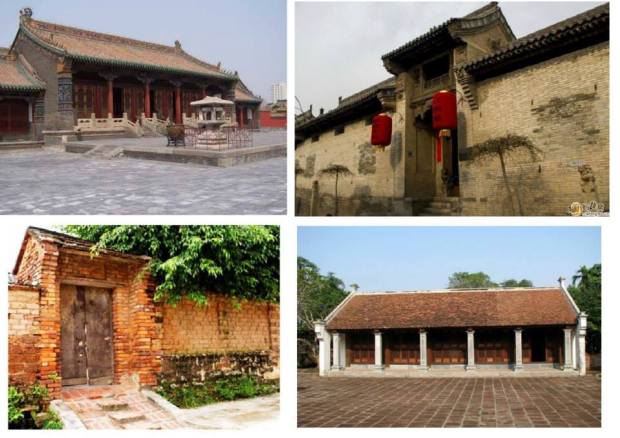 Kiến trúc Ngạnh Sơn tại Trung Quốc (trên) và Việt Nam (dưới).