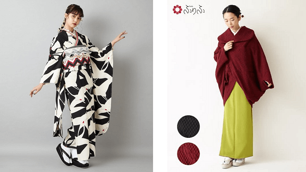 bên trái - furisode có hình con hạc, bên phải - áo khoác cape kết hợp với muji-kimono.