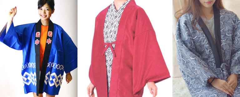 Từ trái sang phải ta có áo lễ hội Happy (法被) và áo khoác Kimono Haori (羽織) áo bông Hanten.