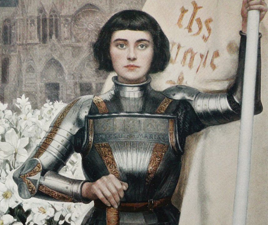 Một bức tranh của Albert Lynch vẽ Thánh Jeanne d'Arc trong bộ giáp Hiệp sĩ sáng bóng (năm 1903).
