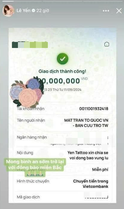 Yến Tatoo từng chia sẻ hình ảnh chụp màn hình chuyển khoản tới Ủy ban Trung ương Mặt trận Tổ quốc Việt Nam số tiền hàng trăm triệu đồng