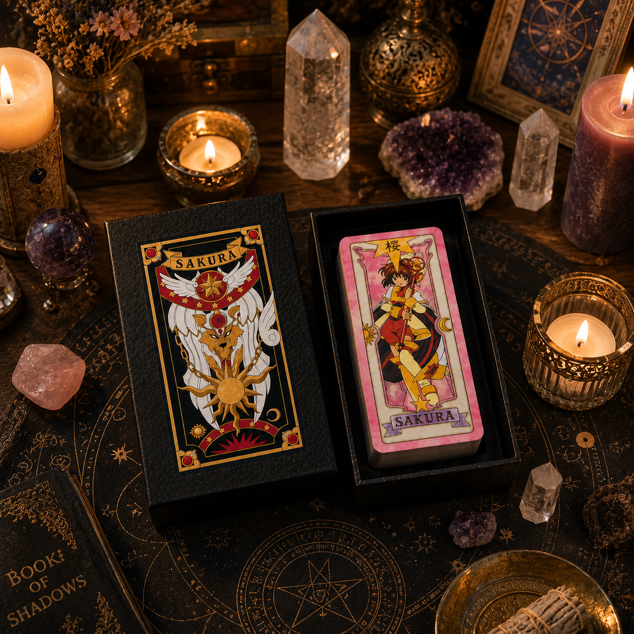 Hộp đựng bài Tarot trong không gian thiêng liêng trên bàn thờ