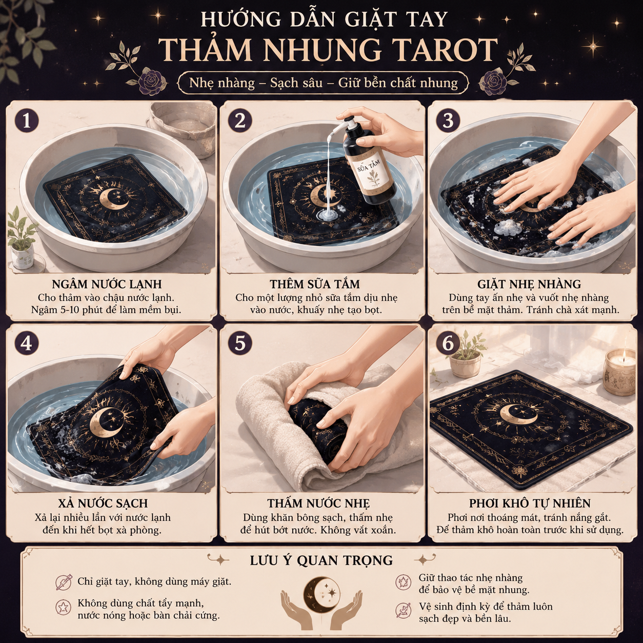 Cách giặt thảm tarot nhung bằng tay đúng cách