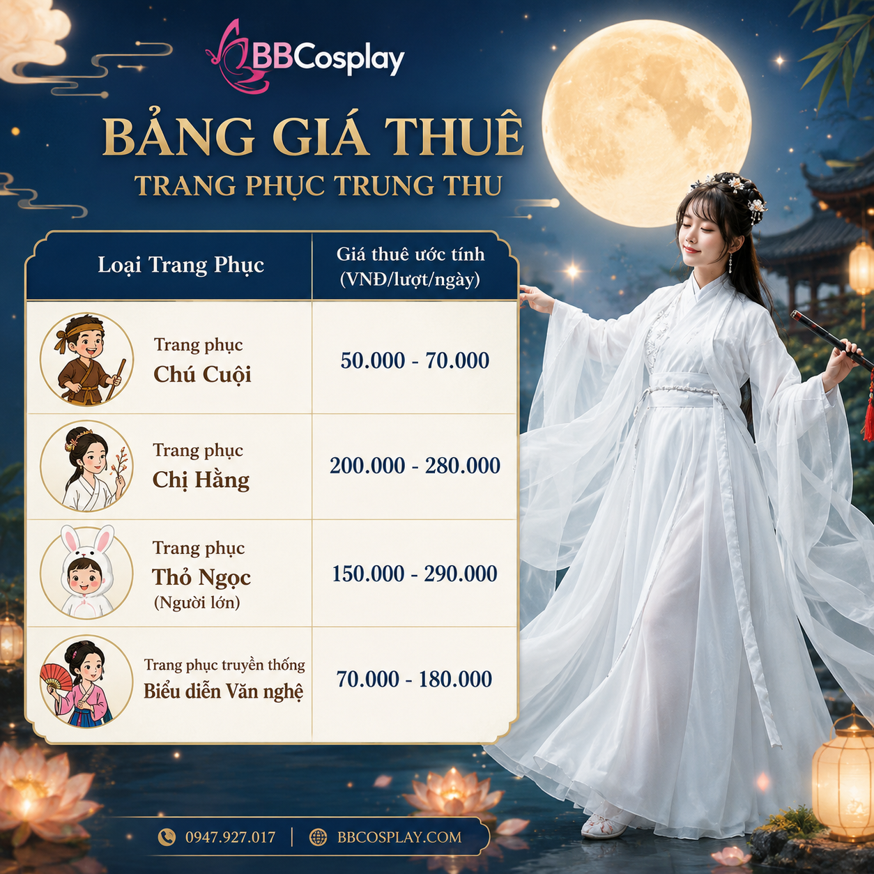 Bảng giá tham khảo trang phục Trung Thu của BBCOSPLAY