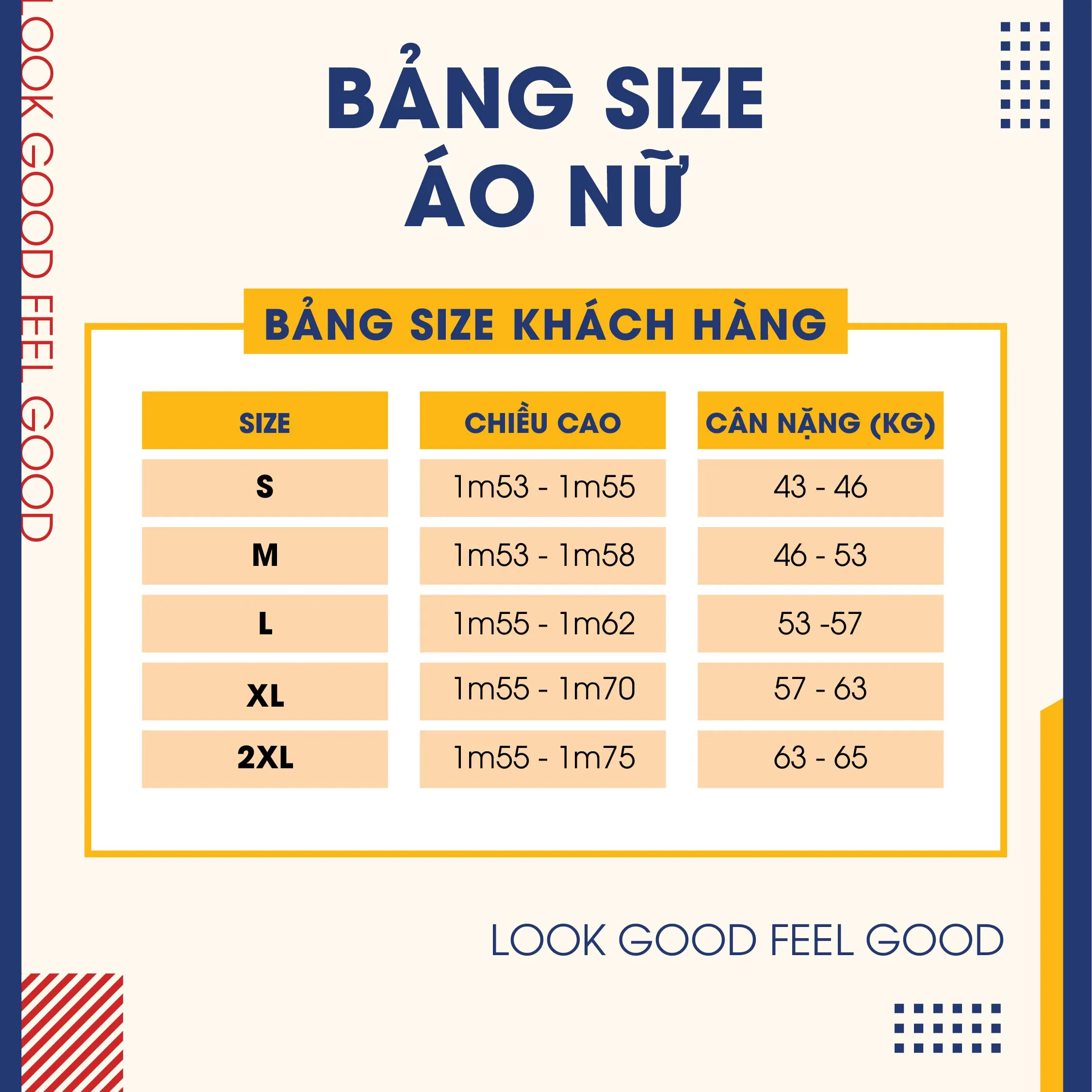 Bảng size trang phục Hằng Nga cho thuê S M L XL Free Size