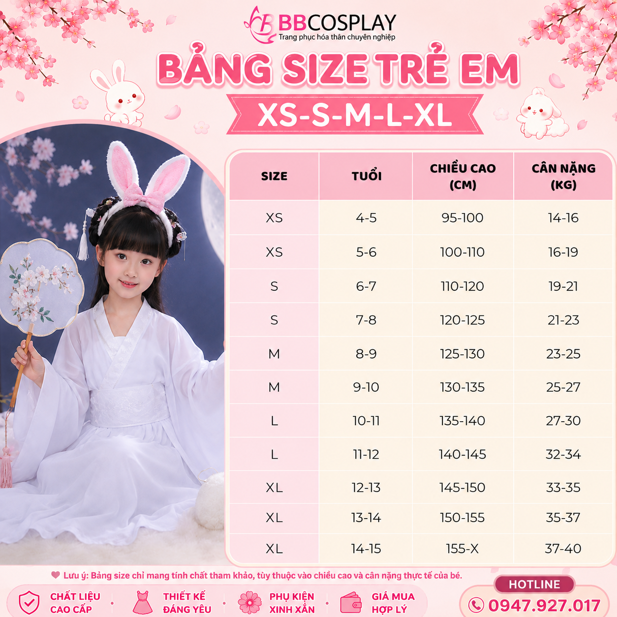 Bảng size tham khảo dành cho chiều cao bé