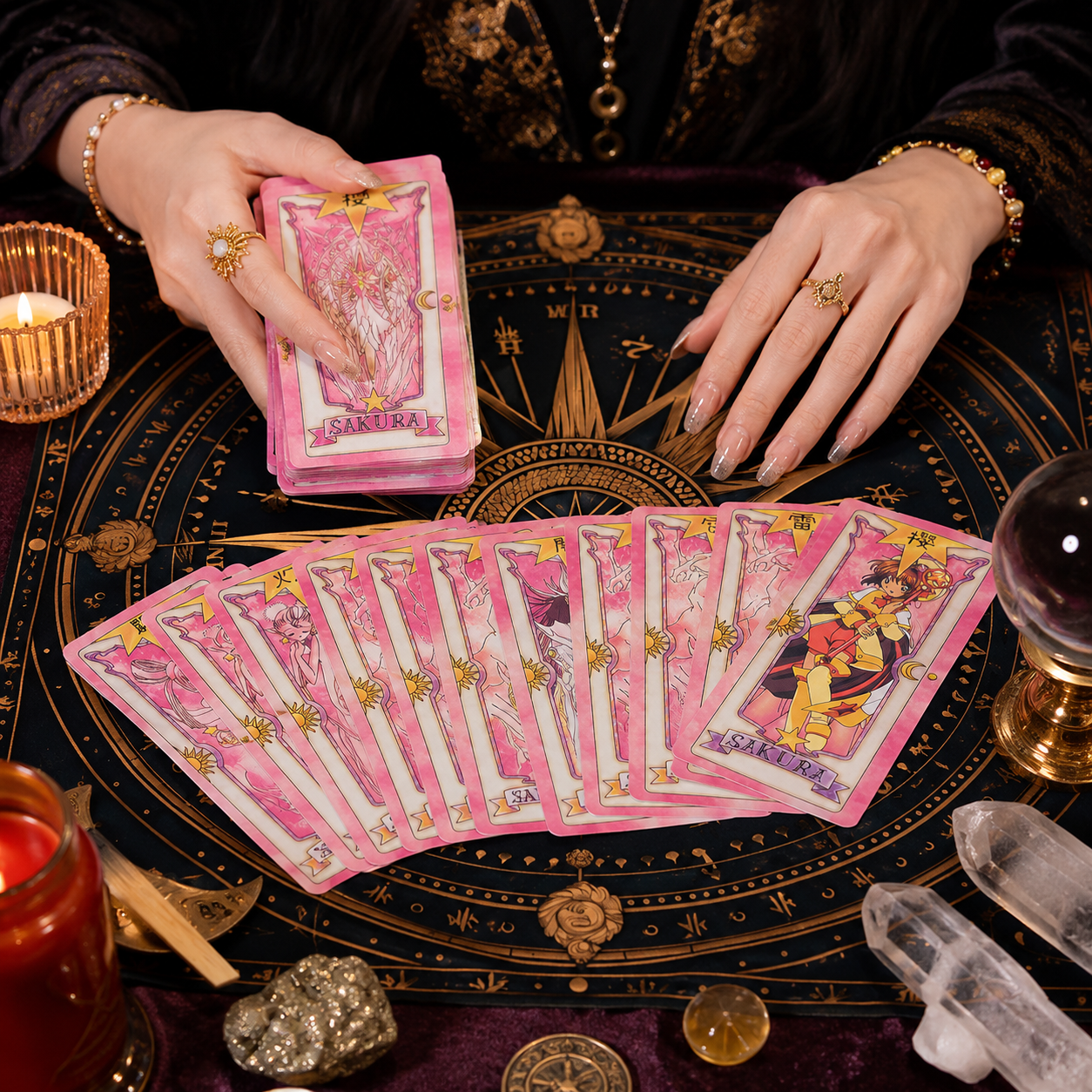 Một Tarot reader đang trải bài trên thảm tarot nhung đen