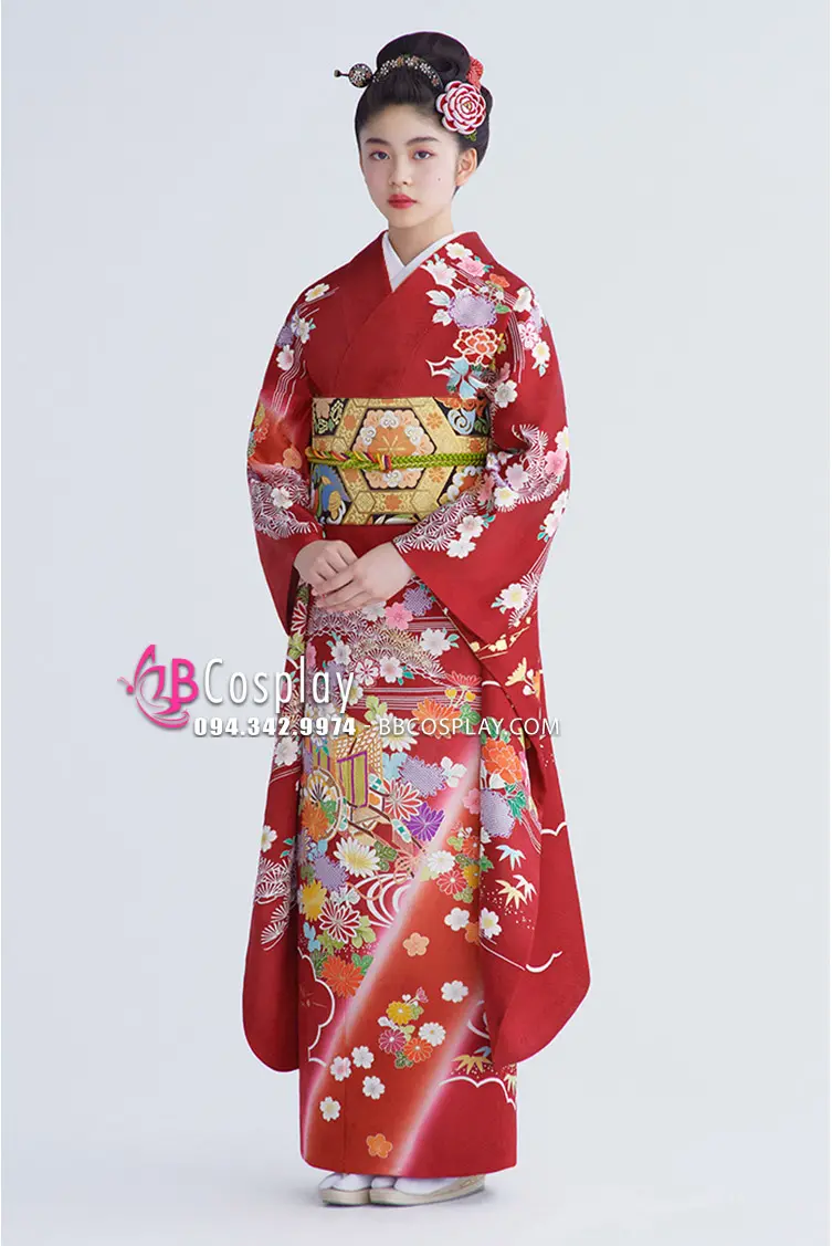 Kimono Truyền Thống Chuẩn Nhật màu đỏ có hoa văn
