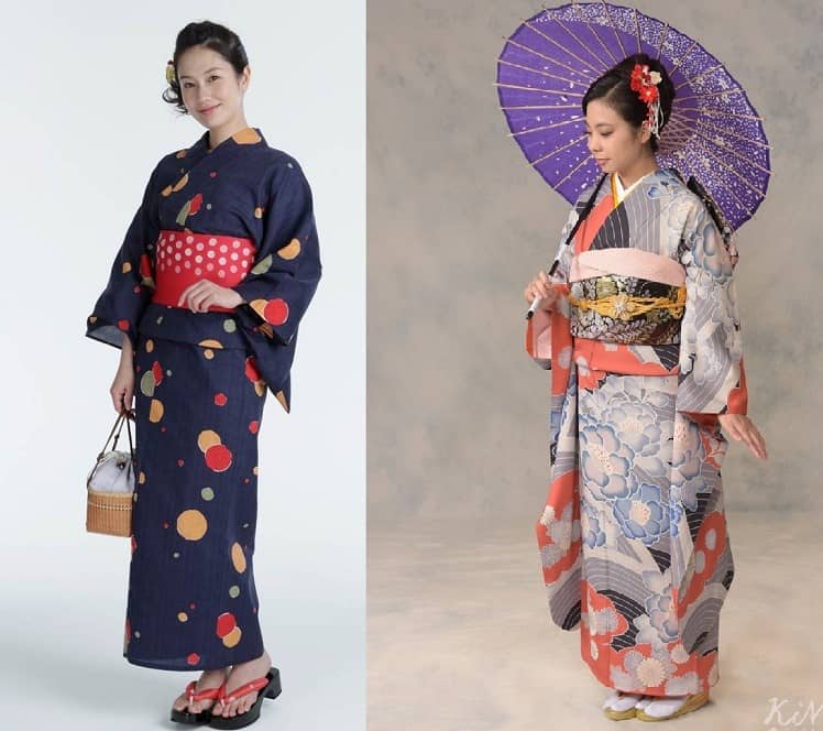Yukata (trái) tay áo ngắn hơn - Kimono (phải)