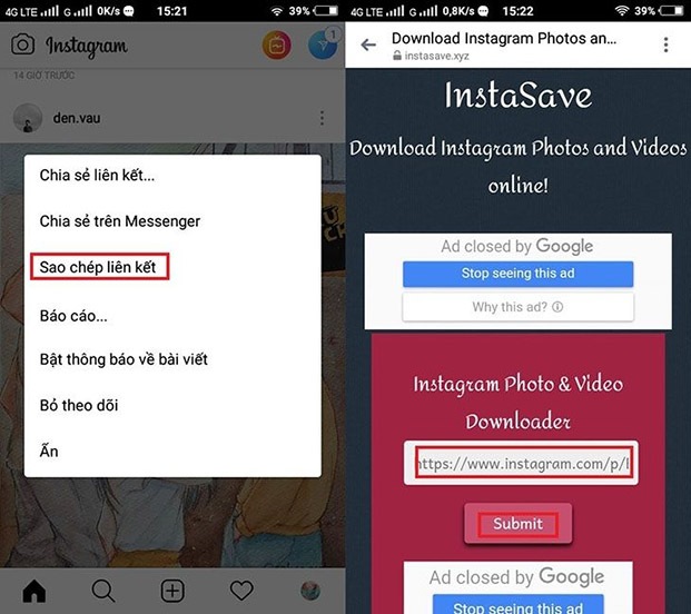 Cách tải ảnh từ Instagram về điện thoại bằng Web Instasave