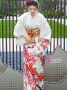 Kimono Nhật Bản Trắng Hoa Mận Đỏ Tặng Kèm Guốc