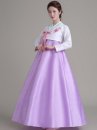 Hanbok Hàn Quốc Áo Trắng Thêu Hoa Váy Tím Gấm Nhạt