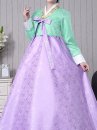 Hanbok Hàn Quốc Gấm Váy Tím Áo Xanh Ngọc Viền Vàng