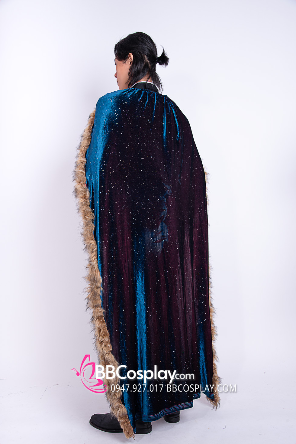 Áo Choàng Viền Lông Xám Xanh Cổ Vịt