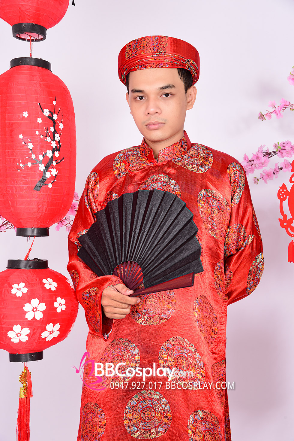 Áo Dài Cổ Truyền Nam Màu Đỏ Vải Gấm