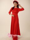 Áo Dài Đỏ Gấm Cổ Tròn Viền Ngọc Trai
