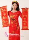 Áo Dài Đỏ Hoa Mai Cổ Tròn