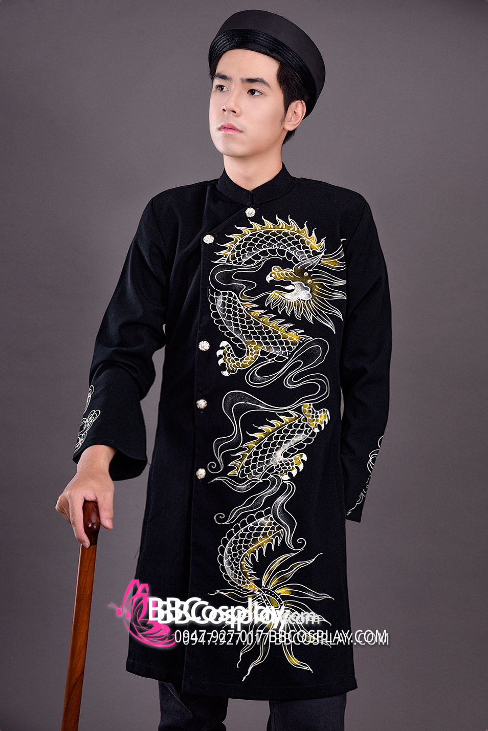 Áo Dài Nam Cách Tân Đen Vẽ Rồng Trắng