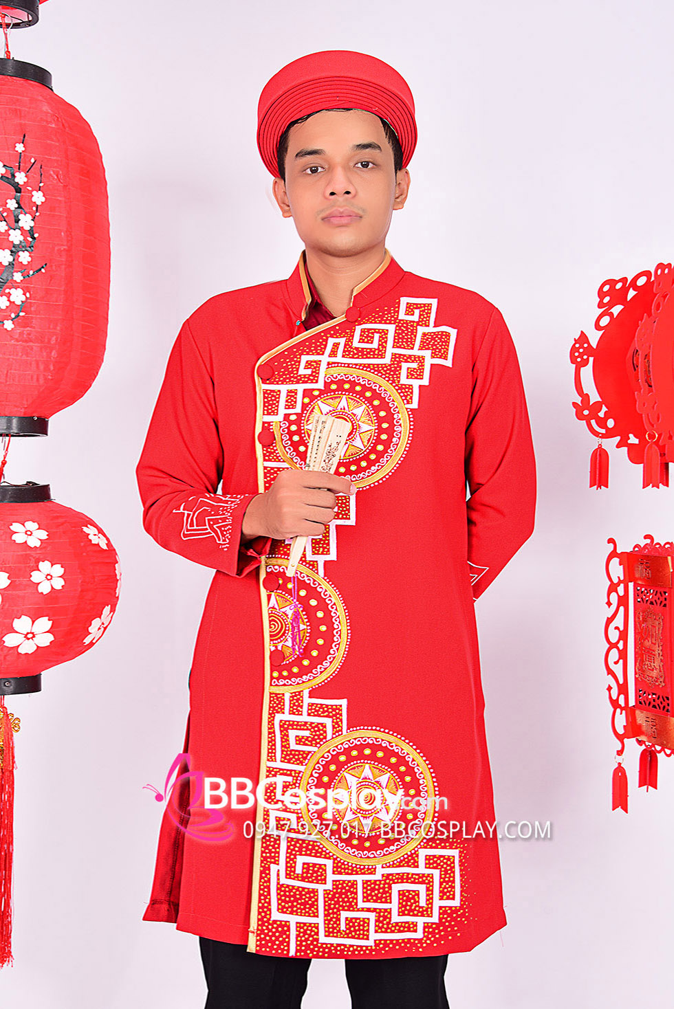 Áo Dài Nam Đỏ Hoạ Tiết Trống Đồng Dân Tộc