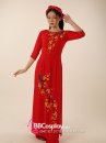 Áo Dài Đỏ Gấm Cổ Tròn Vẽ Tay Hình Nhánh Mai Ngày Xuân